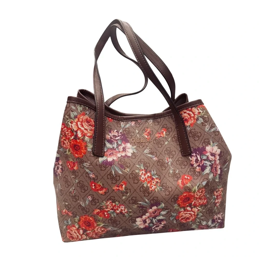 Guess Vikky floral Monogram‎ Tote Bag Brown Rose Print FL699523 11x13x6